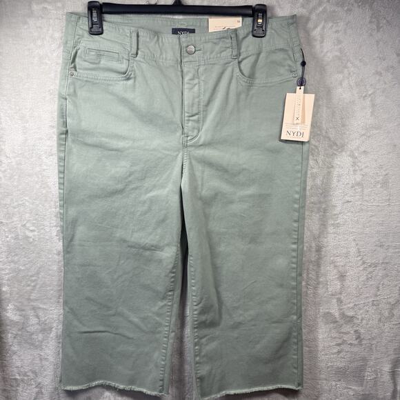 NYDJ Brigitte Wide Leg High Rise Pant Women 16 Green Capri Raw Hem Lift Tuck NEW - Picture 1 of 15